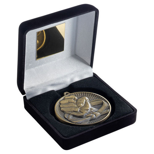 Black Velvet Box And 60mm Medal Martial Arts - Antique Gold by Legacy Outfitters
