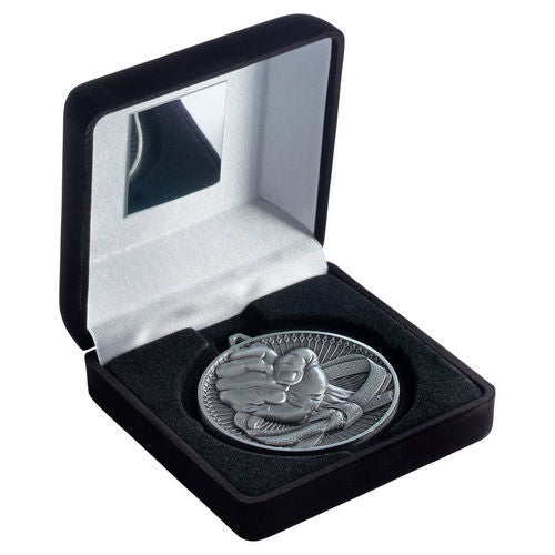 Black Velvet Box And 60mm Medal Martial Arts - Antique Silver by Legacy Outfitters