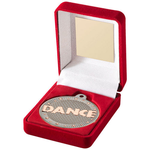 Red Velvet Box And 50mm Dance Medal - Matt Silver/Bronze by Legacy Outfitters