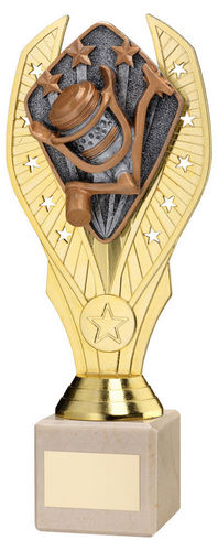 GOLD PLASTIC HOLDER + ANGLING DISC ON CREAM MARBLE TROPHY (1in CEN)