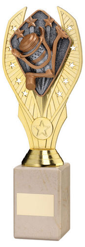 GOLD PLASTIC HOLDER + ANGLING DISC ON CREAM MARBLE TROPHY (1in CEN)