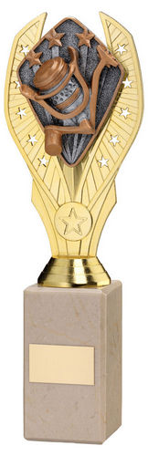GOLD PLASTIC HOLDER + ANGLING DISC ON CREAM MARBLE TROPHY (1in CEN)