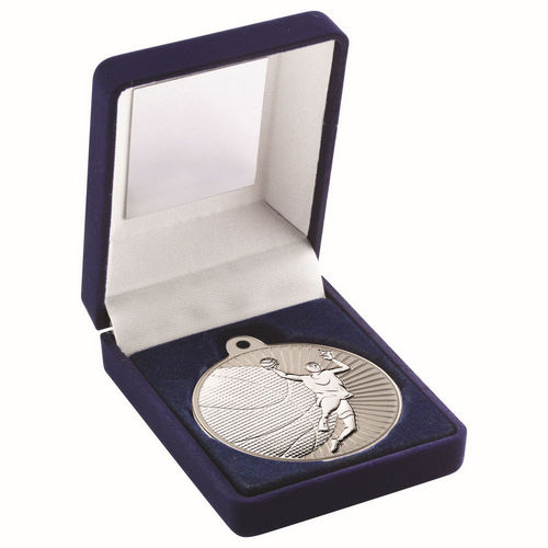 Blue Velvet Box And 50mm Basketball Medal - Matt Silver/Silver by Legacy Outfitters