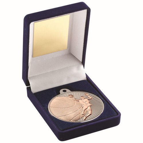 Blue Velvet Box And 50mm Basketball Medal - Matt Silver/Bronze by Legacy Outfitters
