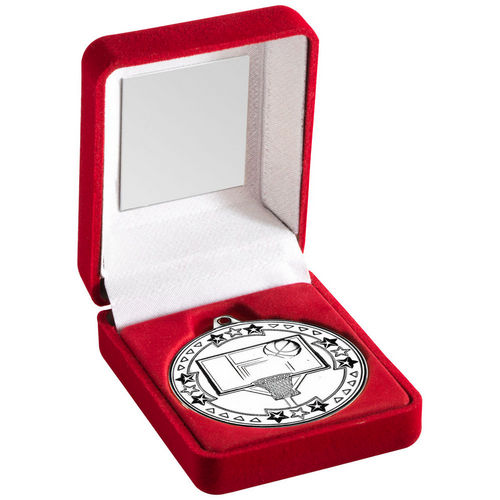 Red Velvet Box And 50mm Medal Basketball - Silver by Legacy Outfitters
