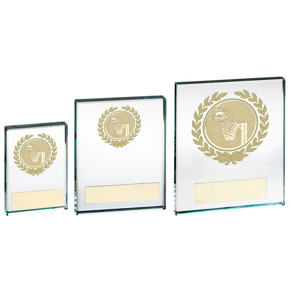 JADE/GOLD GLASS BLOCK WITH NETBALL INSERT AND PLATE