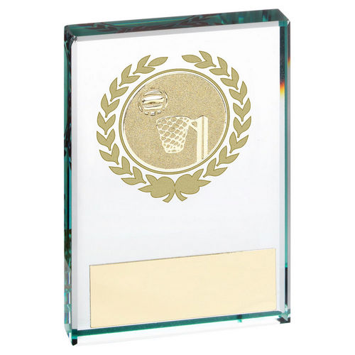 JADE/GOLD GLASS BLOCK WITH NETBALL INSERT AND PLATE