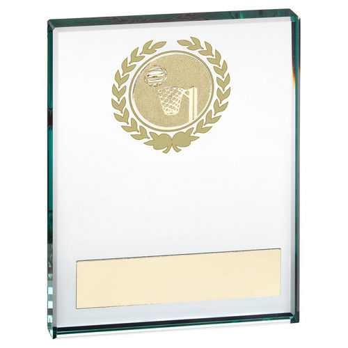 JADE/GOLD GLASS BLOCK WITH NETBALL INSERT AND PLATE