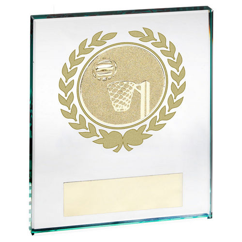 JADE/GOLD GLASS BLOCK WITH NETBALL INSERT AND PLATE