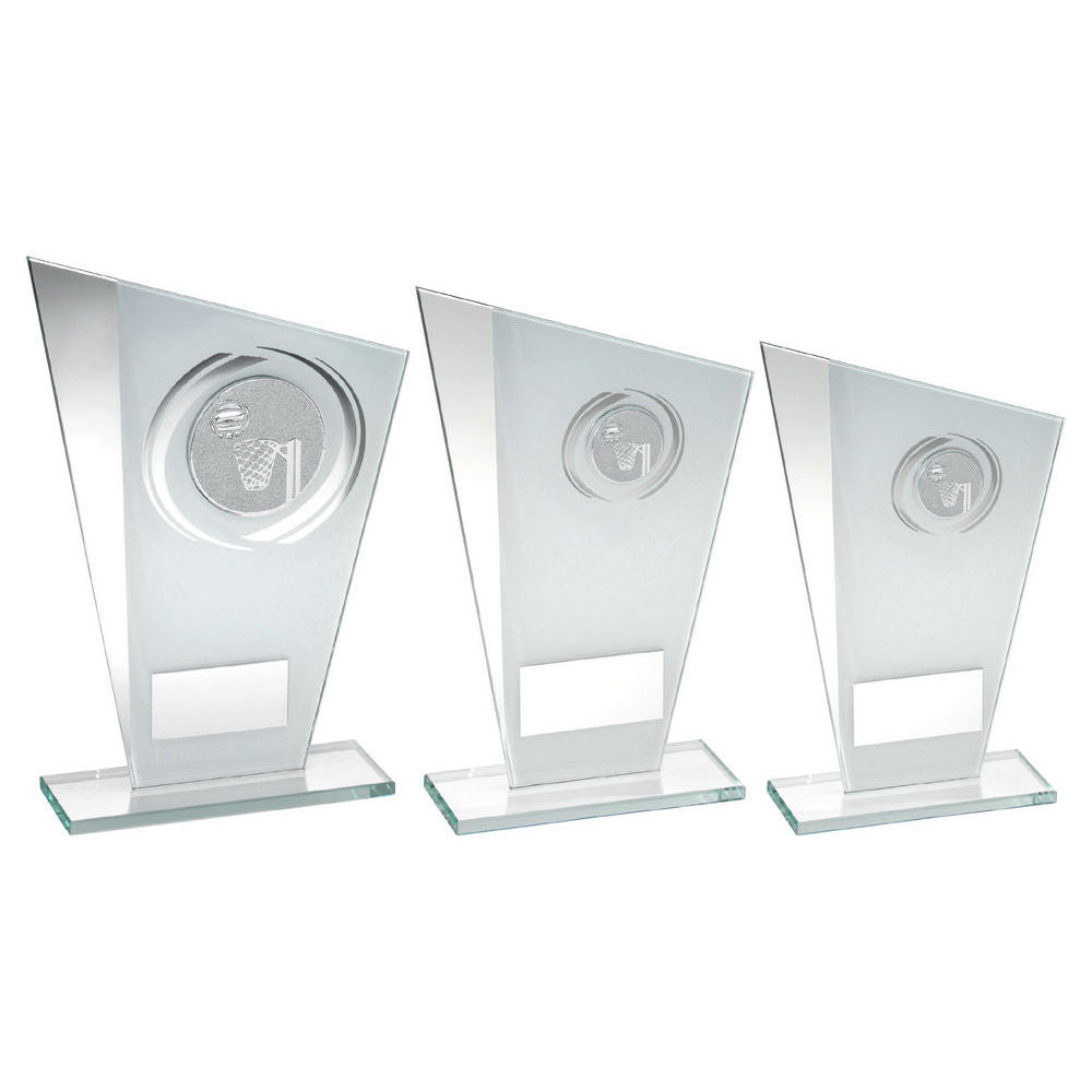 White/Silver Printed Glass Plaque With Netball Insert With Plate by Legacy Outfitters