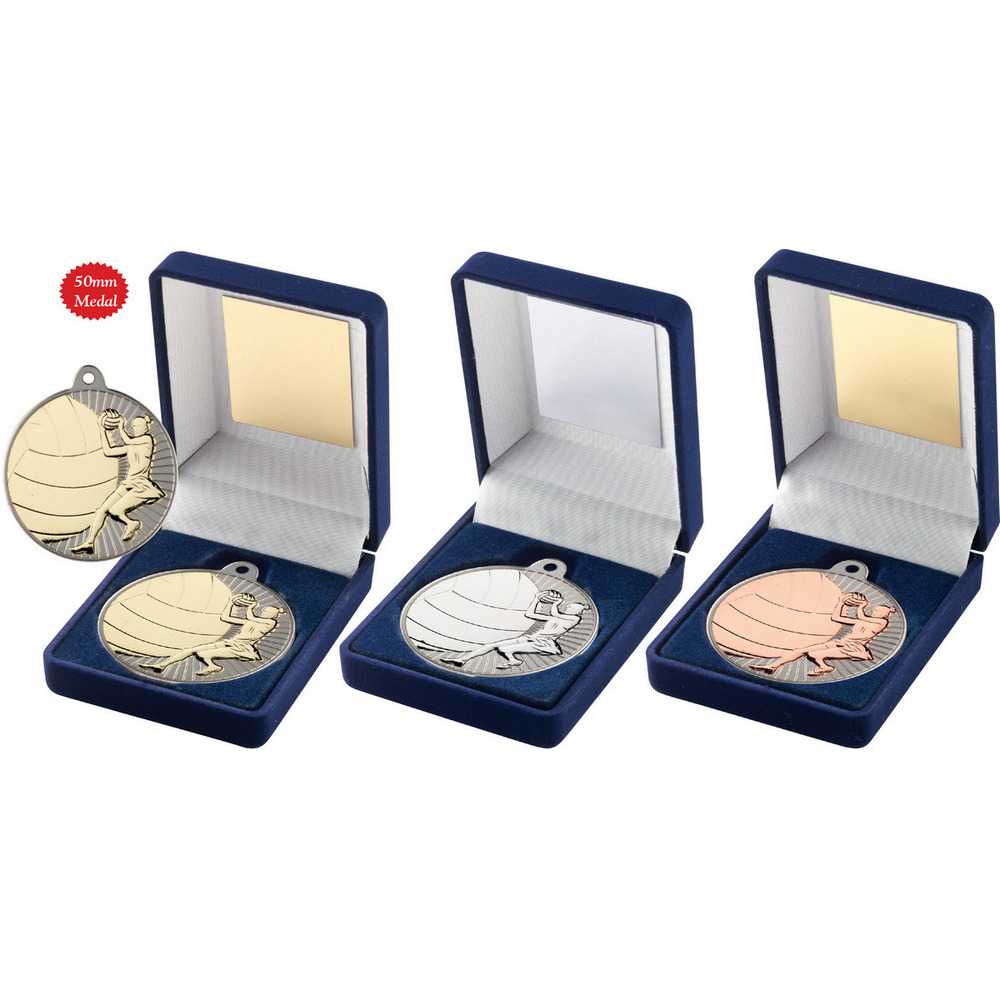 Blue Velvet Box And 50mm Netball Medal by Legacy Outfitters