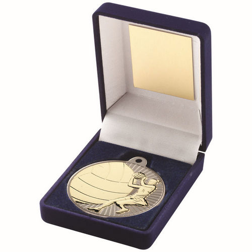 Blue Velvet Box And 50mm Netball Medal - Matt Silver/Gold by Legacy Outfitters