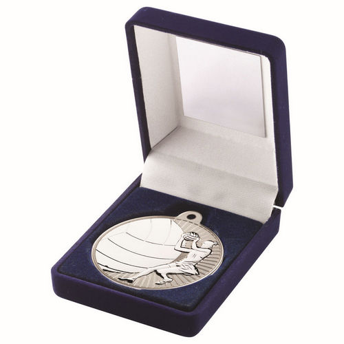 Blue Velvet Box And 50mm Netball Medal - Matt Silver/Silver by Legacy Outfitters