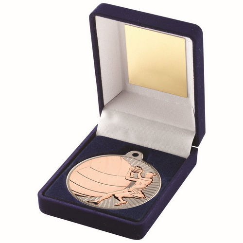 Blue Velvet Box And 50mm Netball Medal - Matt Silver/Bronze by Legacy Outfitters