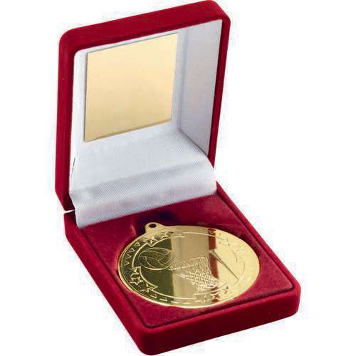 RED VELVET BOX AND 50mm MEDAL NETBALL