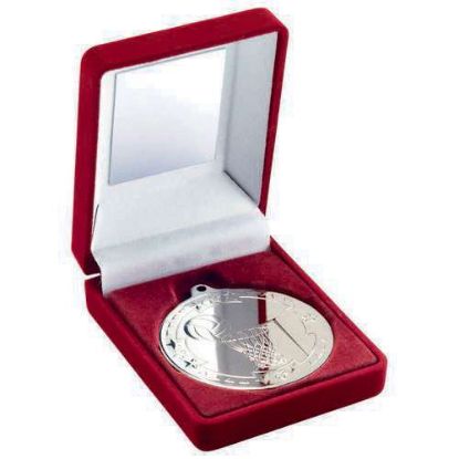 RED VELVET BOX AND 50mm MEDAL NETBALL