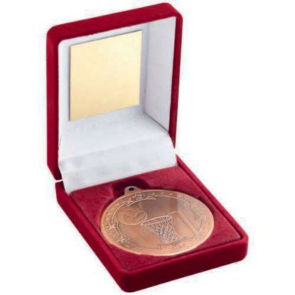 RED VELVET BOX AND 50mm MEDAL NETBALL