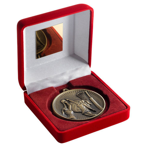 Red Velvet Box And 60mm Medal Netball - Antique Gold by Legacy Outfitters