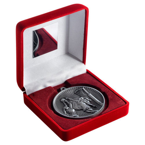 Red Velvet Box And 60mm Medal Netball - Antique Silver by Legacy Outfitters