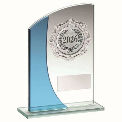 JADE/BLUE GLASS PLAQUE WITH SILVER TRIM TROPHY - (2in CENTRE) 7in