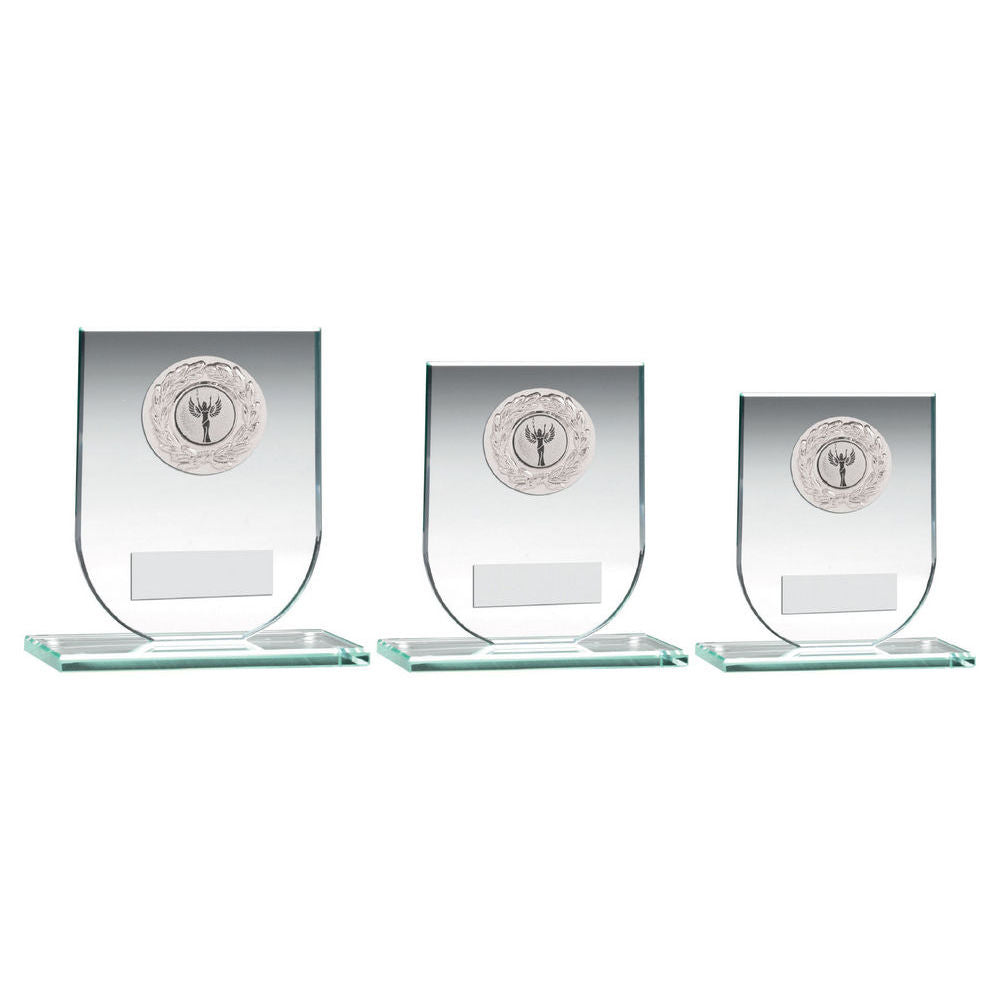 Jade Glass Shield Plaque With Silver Round Metal Trim Trophy (1in Cen) by Legacy Outfitters