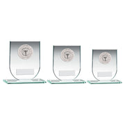 Jade Glass Shield Plaque With Silver Round Metal Trim Trophy (1in Cen) by Legacy Outfitters