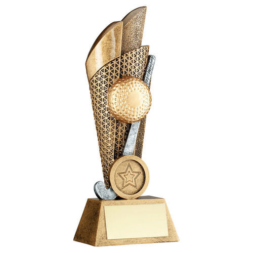 Brz/Pew/Gold Hockey Ball And Stick On Backdrop With Plate (1in Cen) - 127mm by Legacy Outfitters