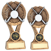 Brz/Gold/Pew Hockey Round Wreath On V Riser With Plate (1in Cen) by Legacy Outfitters