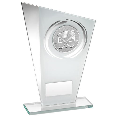 WHITE/SILVER PRINTED GLASS PLAQUE WITH HOCKEY INSERT WITH PLATE
