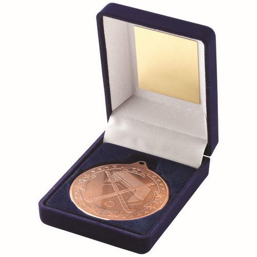 Blue Velvet Box And 50mm Medal Hockey - Bronze by Legacy Outfitters