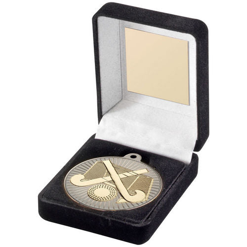 Black Velvet Box And 50mm Hockey Medal - Matt Silver/Gold by Legacy Outfitters