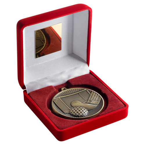 Red Velvet Box And 60mm Medal Hockey - Antique Gold by Legacy Outfitters