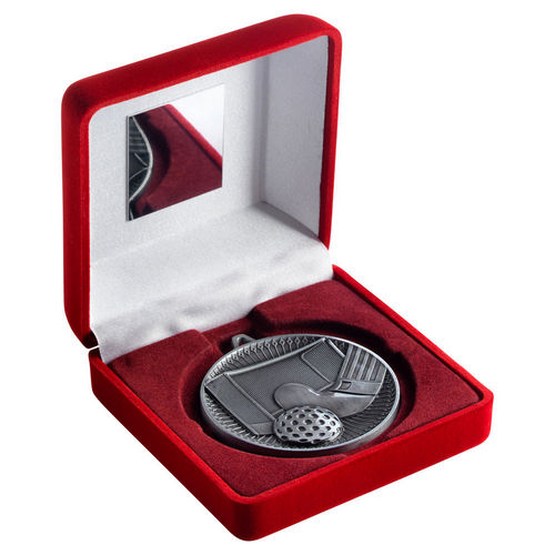 Red Velvet Box And 60mm Medal Hockey - Antique Silver by Legacy Outfitters