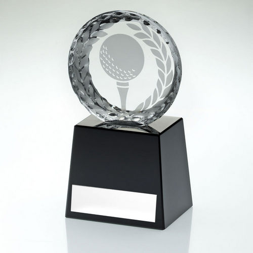 Clear Glass Golf Circle With Image On Black Plinth And Plate - 108mm by Legacy Outfitters