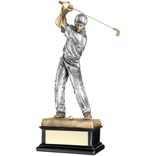BRZ/PEW BACK SWING GOLFER ON BLACK BASE WITH PLATE - 14in