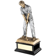 BRZ/PEW START OF SWING GOLFER ON BLACK BASE WITH PLATE - 12.5in