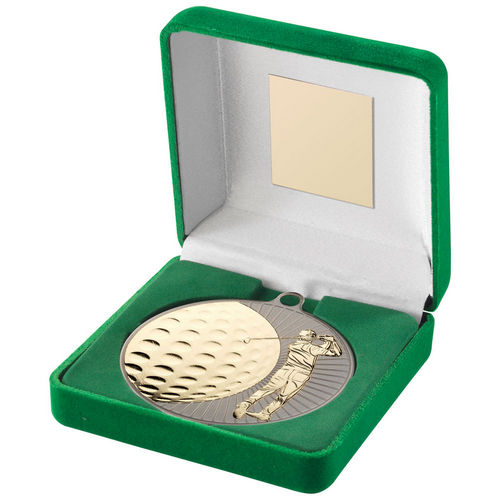 Green Velvet Box And 70mm Golf Medal - Matt Silver/Gold by Legacy Outfitters