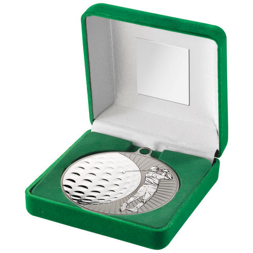 Green Velvet Box And 70mm Golf Medal - Matt Silver/Silver by Legacy Outfitters