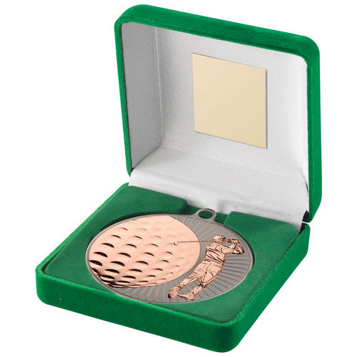 Green Velvet Box And 70mm Golf Medal - Matt Silver/Bronze by Legacy Outfitters