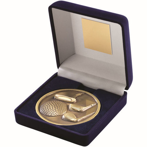 Blue Velvet Box And 70mm Medallion Golf - Antique Gold by Legacy Outfitters