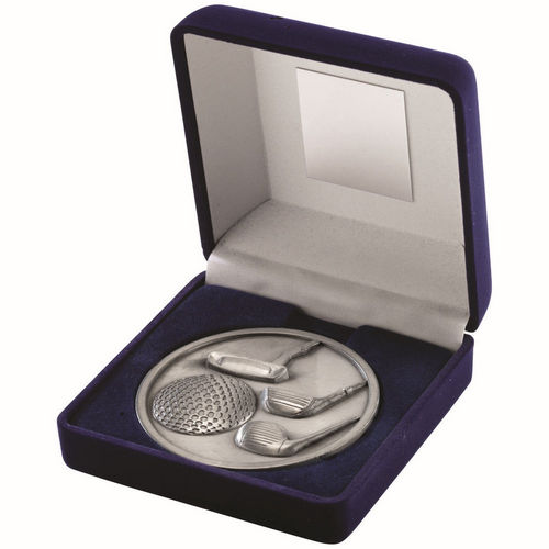 Blue Velvet Box And 70mm Medallion Golf - Antique Silver by Legacy Outfitters