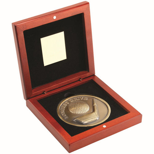 ROSEWOOD BOX AND 70mm MEDALLION GOLF TROPHY ANTIQUE GOLD LONGEST DRIVE - 4.5in