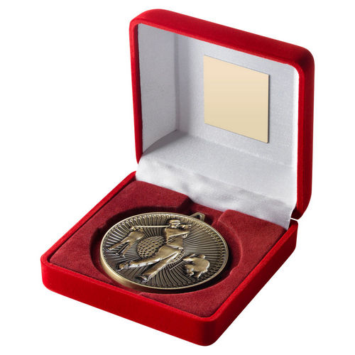 Red Velvet Box And 60mm Medal Golf - Antique Gold by Legacy Outfitters
