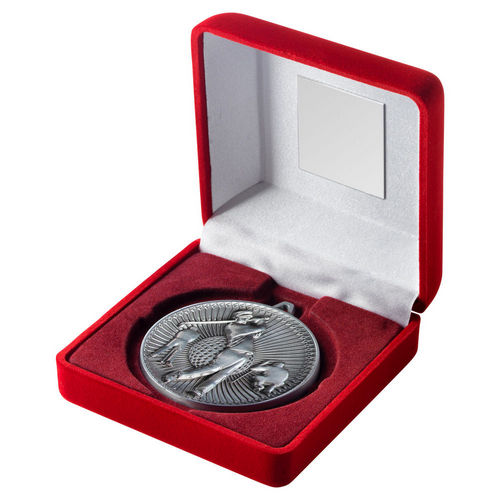 Red Velvet Box And 60mm Medal Golf - Antique Silver by Legacy Outfitters