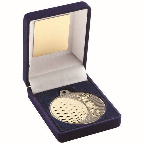Blue Velvet Box And 50mm Golf Medal - Matt Silver/Gold by Legacy Outfitters