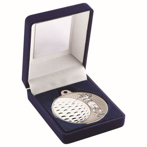 Blue Velvet Box And 50mm Golf Medal - Matt Silver/Silver by Legacy Outfitters