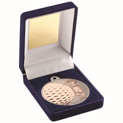 Blue Velvet Box And 50mm Golf Medal - Matt Silver/Bronze by Legacy Outfitters
