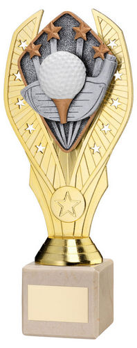 Gold Plastic Holder + Golf Disc On Cream Marble Trophy (1in Cen) - 197mm by Legacy Outfitters