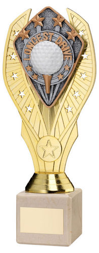 Gold Plastic Holder+Longest Drive Disc On Cream Marble Trophy (1in Cen) - 197mm by Legacy Outfitters