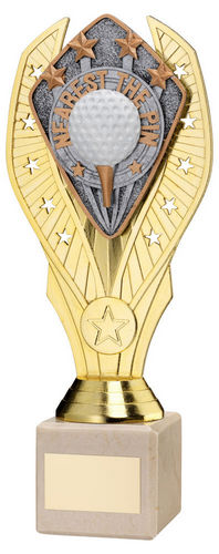 Gold Plastic Holder+Nearest The Pin Disc+Cream Marble Trophy (1in Cen) - 197mm by Legacy Outfitters